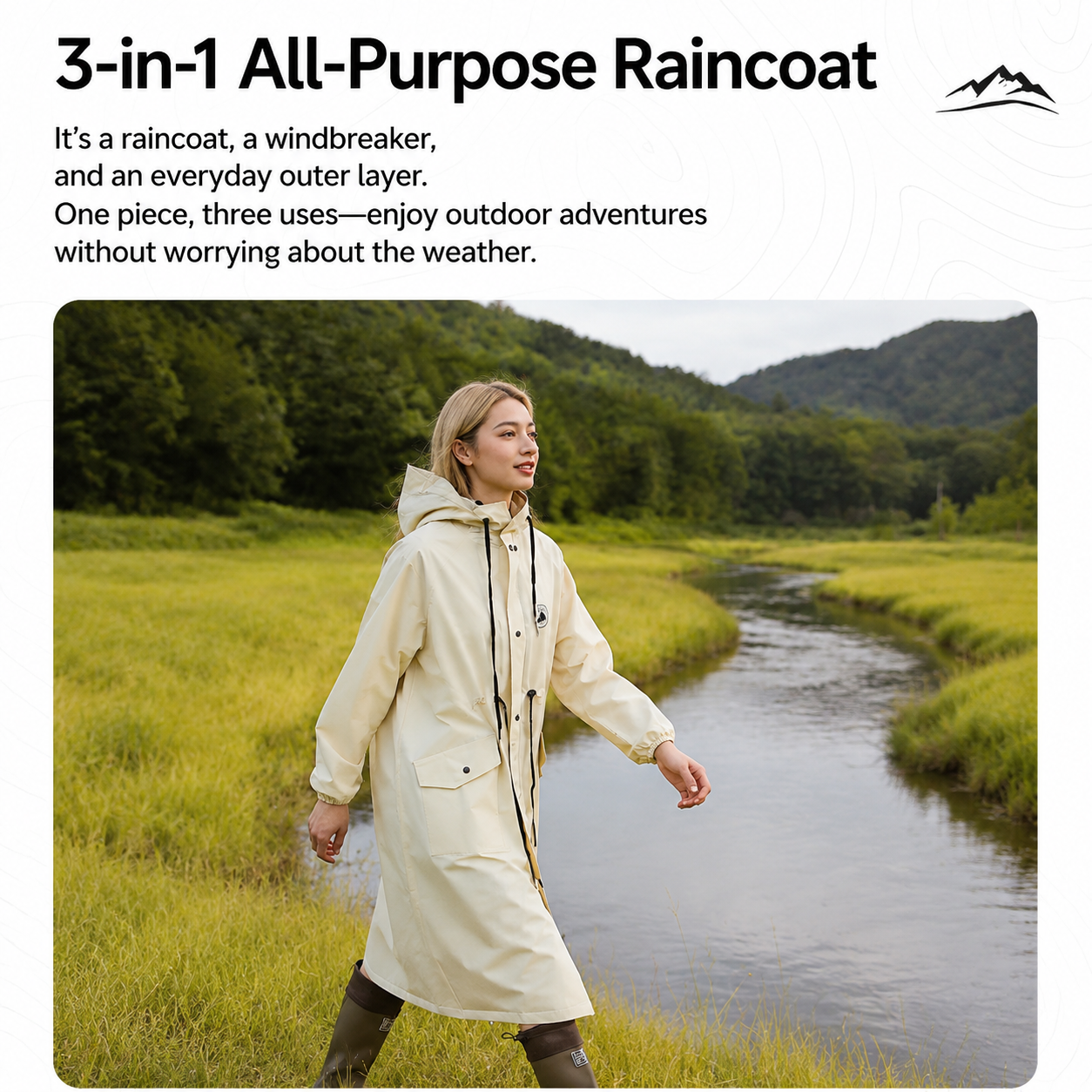Black Full-Cover Hooded EVA Raincoat, Long Trench Coat Waterproof Rain Poncho with Adjustable Waist & Collar Drawstring, Zipper & Snap Windproof Closure, Extended Clear Brim and Covered Pockets for Dailywear Cycling Hiking Camping Use, M Size