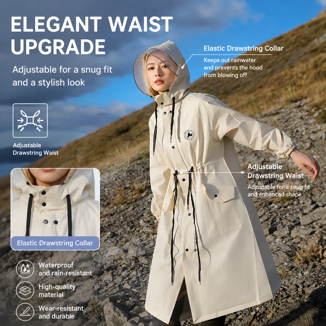 Black Full-Cover Hooded EVA Raincoat, Long Trench Coat Waterproof Rain Poncho with Adjustable Waist & Collar Drawstring, Zipper & Snap Windproof Closure, Extended Clear Brim and Covered Pockets for Dailywear Cycling Hiking Camping Use, M Size