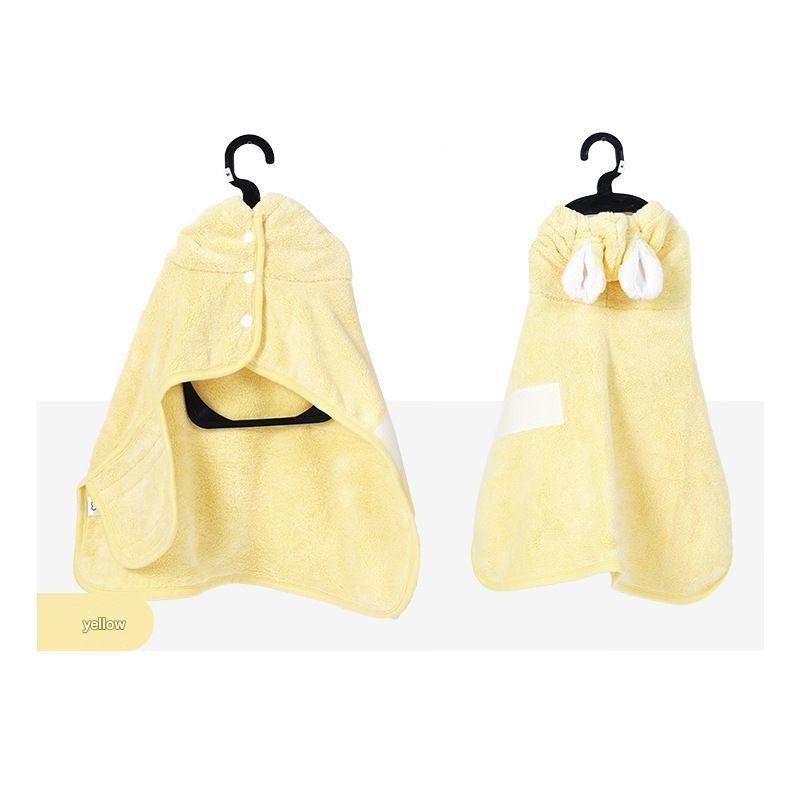 Yellow S size Pet Drying Robe with Hood - Quick Dry Coral Fleece Towel for Dogs and Cats, Super Absorbent Bathrobe with Cute Rabbit Ears, Adjustable Fit for All Sizes, Easy to Wear and Machine Washable