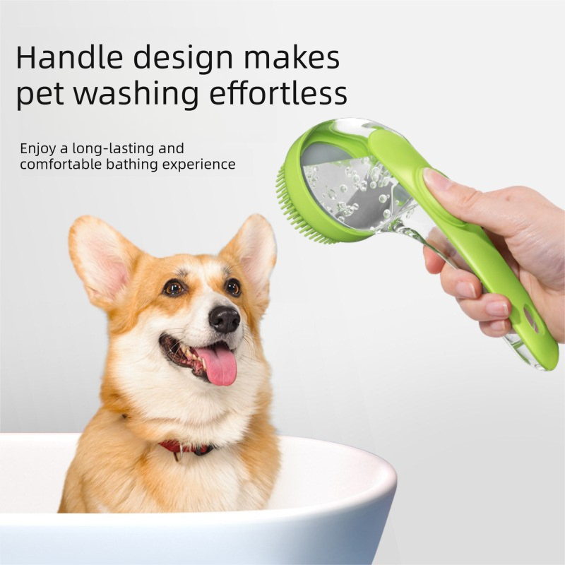 Green Pet Silicone Bath Brush with Shampoo Dispenser - Leak-Proof One-Touch Soap Release-Dog and Cat Grooming Massage Brush Soft Cleaning Scrubber for Bathing Shedding and Skin Care