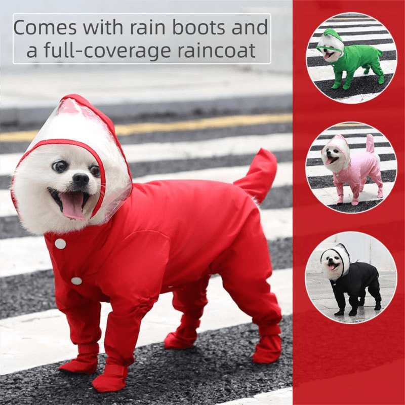 Dog Raincoat Full Coverage Waterproof Jumpsuit M Size Black Lightweight Hooded with Integrated Shoes and Detachable Tail Cover