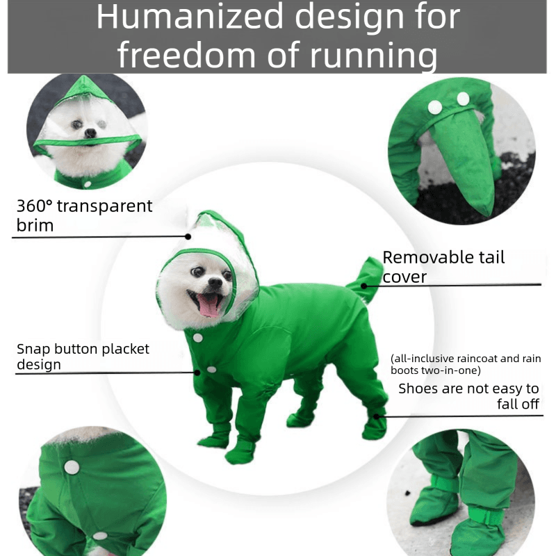 Dog Raincoat Full Coverage Waterproof Jumpsuit M Size Black Lightweight Hooded with Integrated Shoes and Detachable Tail Cover