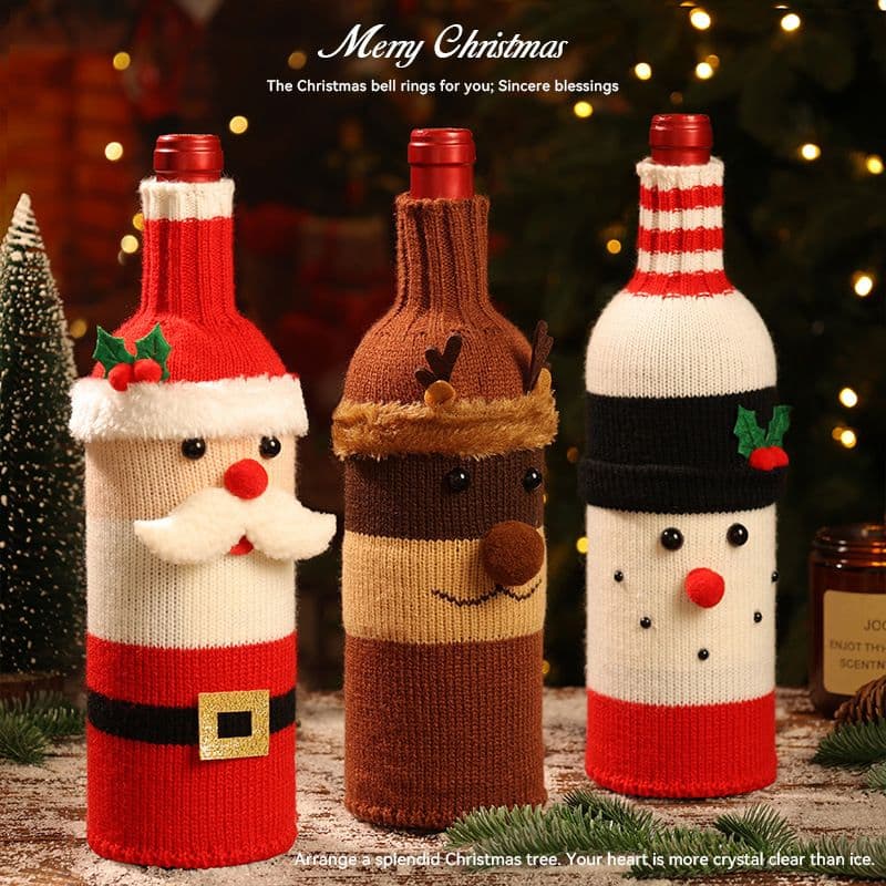 Knitted Christmas Wine Bottle Cover Festive Character Designs Stretchable Construction Suitable for 750ml Bottles Multi Colour