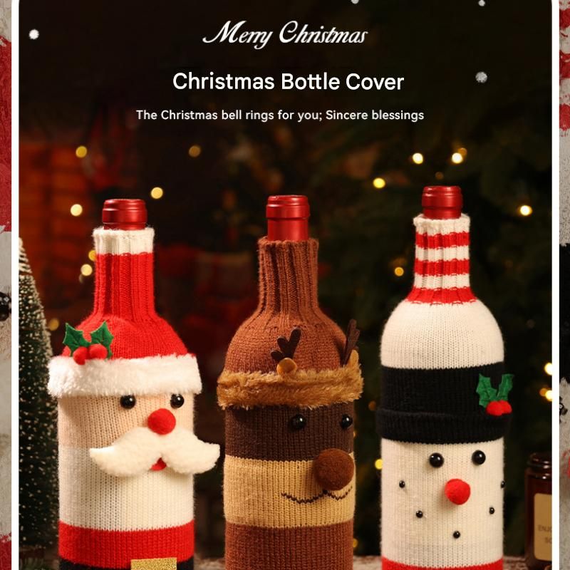 3-piece Santa Claus and Reindeer Snowman and Designs Style Knitted Christmas Wine Bottle Cover - Festive Table Decor for Holiday Parties and Home Dining