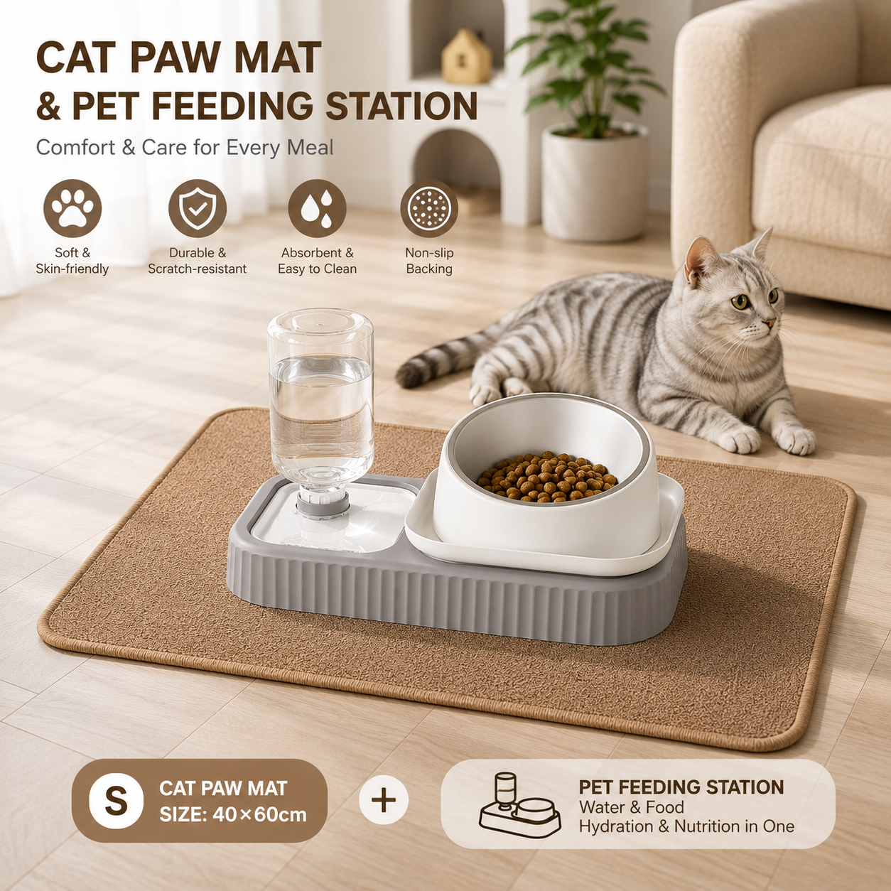 2 pcs Grey and White Cat Feeding Station with Water Dispenser & Slow Feeder Bowl Plus Cat Scratching Mat Set Brown 40x60cm Pet Dining and Furniture Protection Bundle