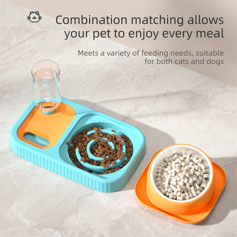 2 pcs Grey and White Cat Feeding Station with Water Dispenser & Slow Feeder Bowl Plus Cat Scratching Mat Set Brown 40x60cm Pet Dining and Furniture Protection Bundle