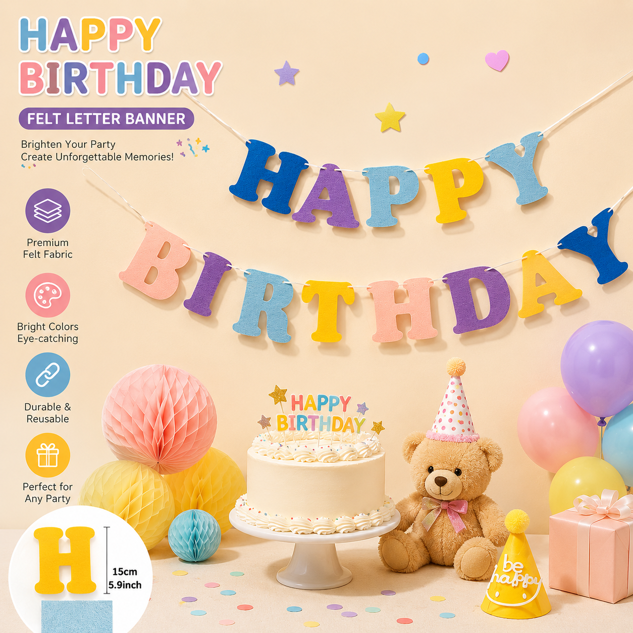 Blue and Pink Happy Birthday Felt Banner Garland, Reusable Birthday Party Hanging Decoration, Colorful Letter Bunting for Birthday, Baby Shower, Photo Booth & Celebration Backdrop