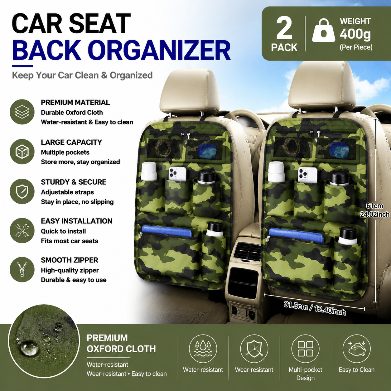 2 pcs camouflage color Car Seat Back Organizer - 210D Oxford Cloth, Water-Resistant & Multi-Pocket Design - Space-Saving Storage for Cars, Camping & Home Use
