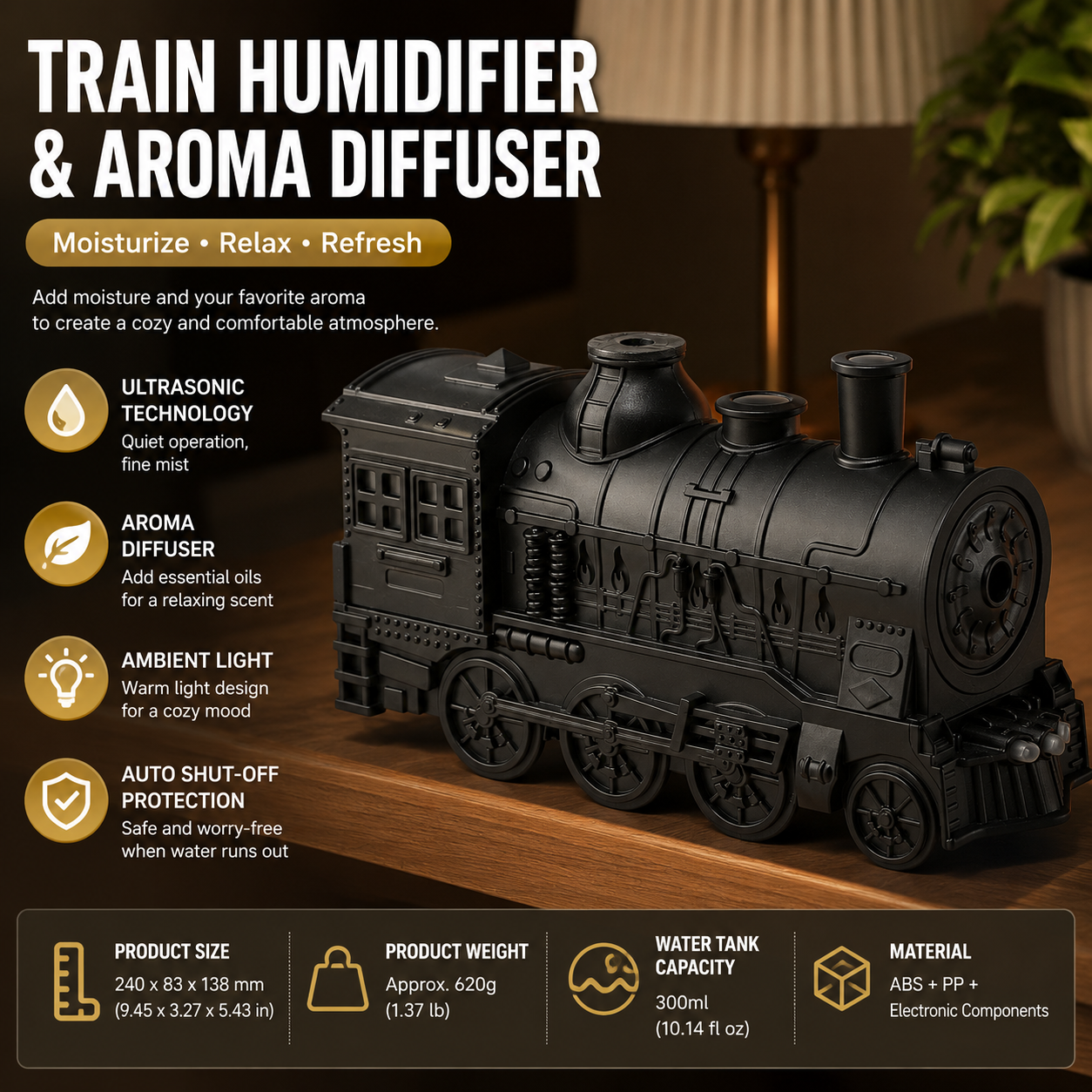 Black Retro Train Aromatherapy Humidifier - 300ml Ultrasonic Cool Mist Diffuser with Jellyfish Smoke Ring, LED Night Light for Bedroom Office Desk Decor