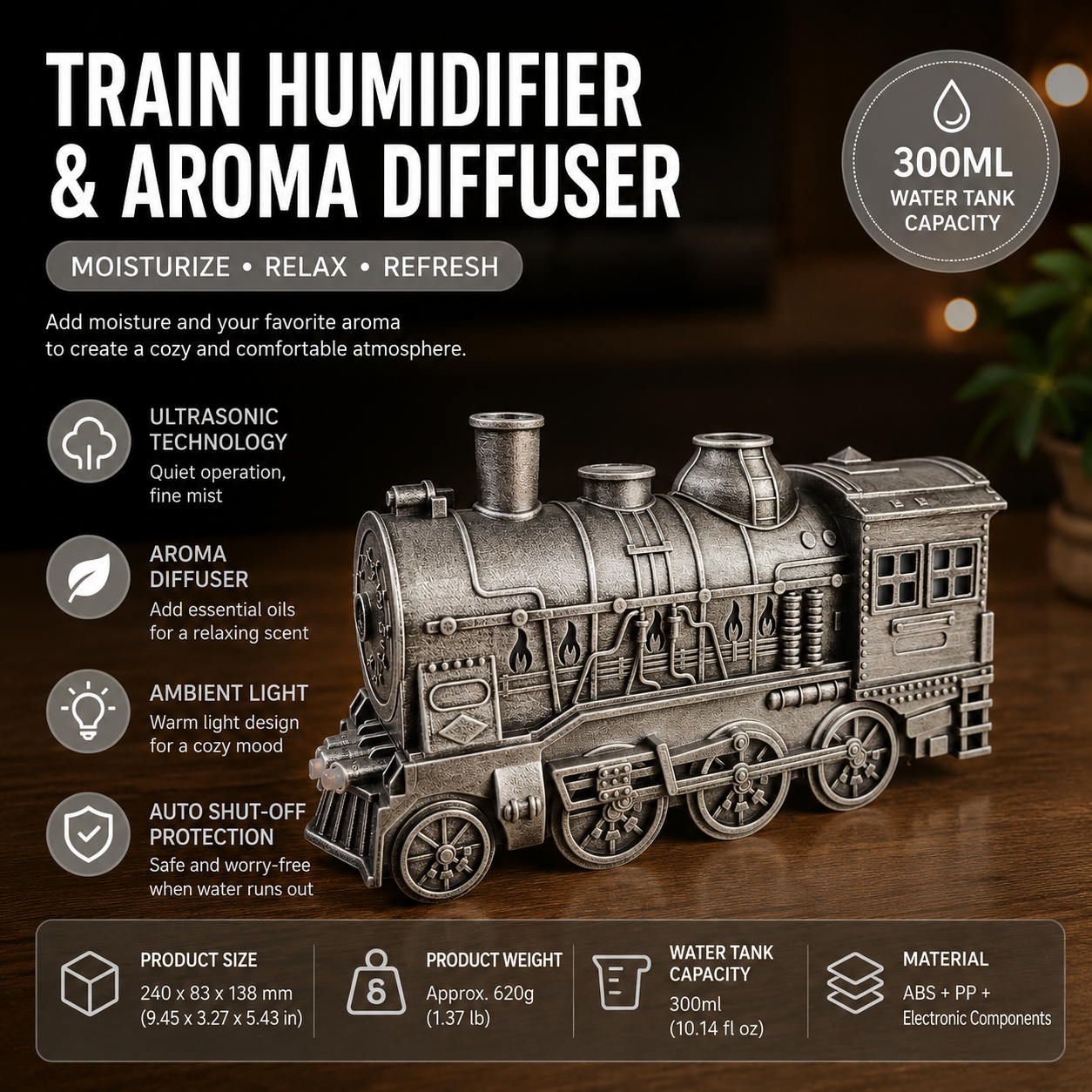 Silvery Retro Train Aromatherapy Humidifier - 300ml Ultrasonic Cool Mist Diffuser with Jellyfish Smoke Ring, LED Night Light for Bedroom Office Desk Decor