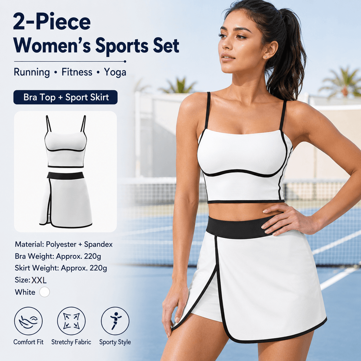 Women's Linear Sports Set Adjustable Straps XXL Size White Polyester Spandex Blend with Removable Pads Anti-Exposure Skirt for Yoga Running Gym