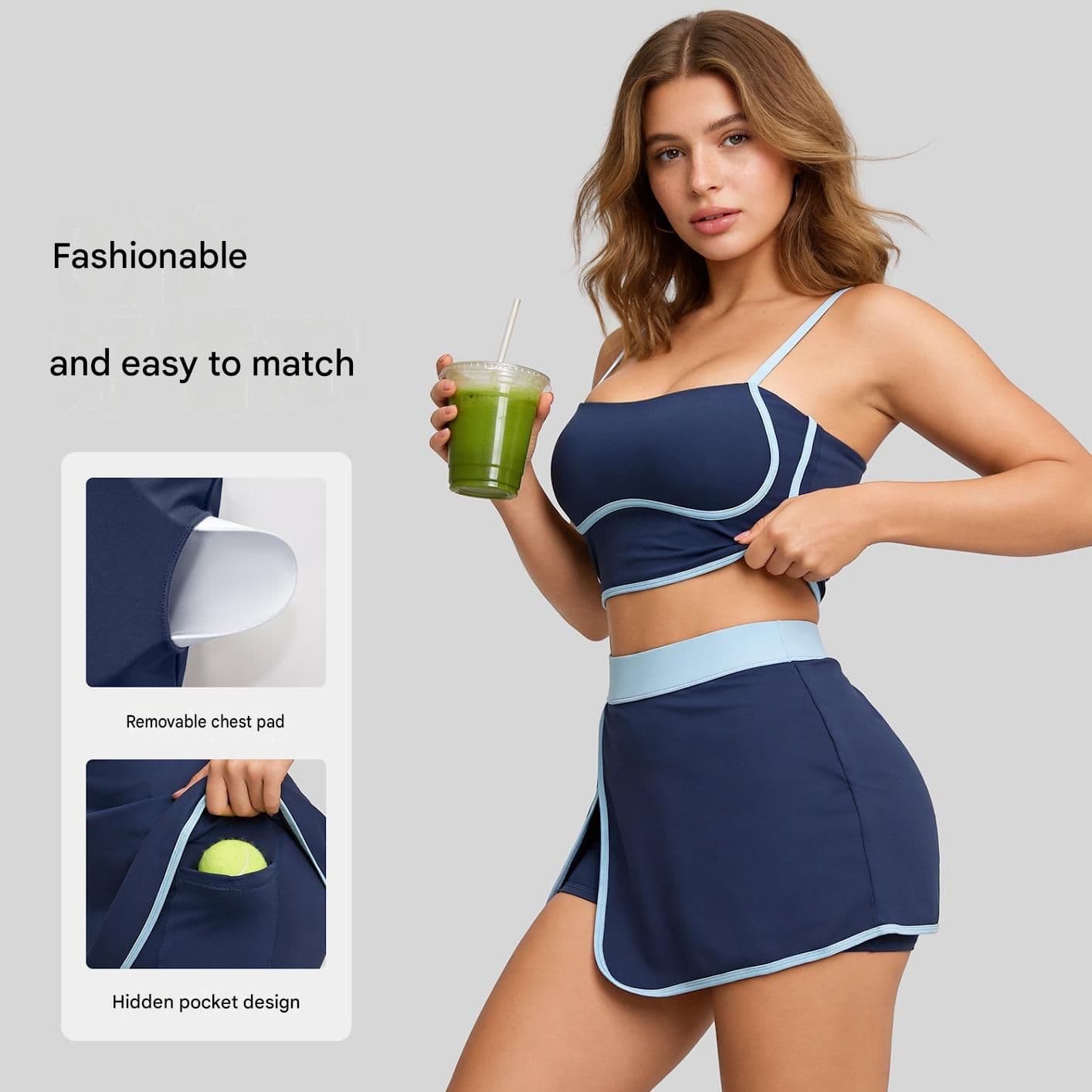 Women's Linear Sports Set Adjustable Straps XXL Size White Polyester Spandex Blend with Removable Pads Anti-Exposure Skirt for Yoga Running Gym