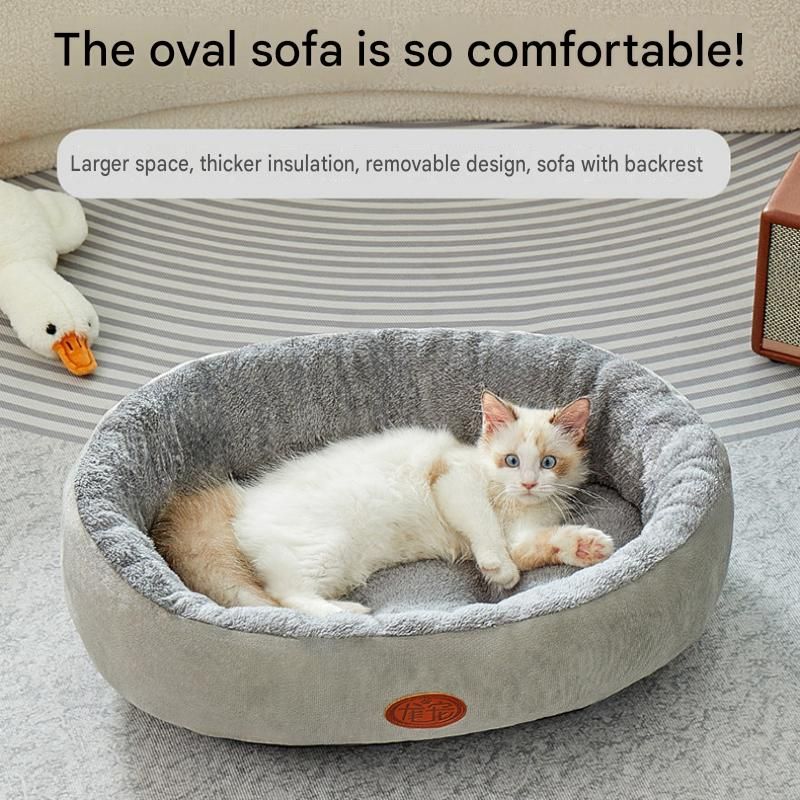 M Size 48x60cm Grey Oval Pet Bed - Arctic Fleece and PP Cotton - Thickened Warmth, Non-Slip Base, Removable Cover, Compact for Cats and Small Dogs
