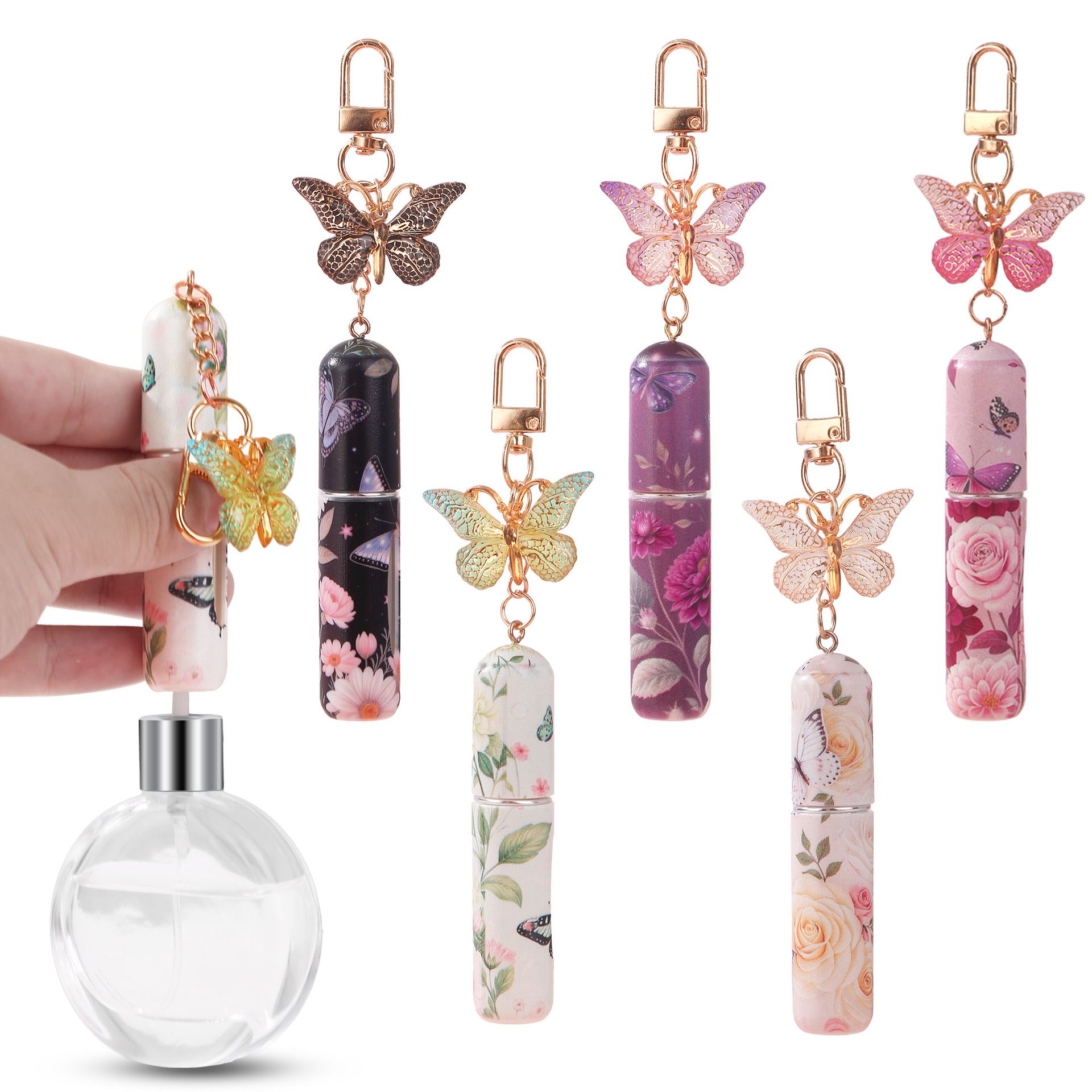 3 Pack Light Pink 5ml Portable Perfume Atomizer Keychain Butterfly Charm Floral Refillable Travel Spray Bottle Set - Same Design