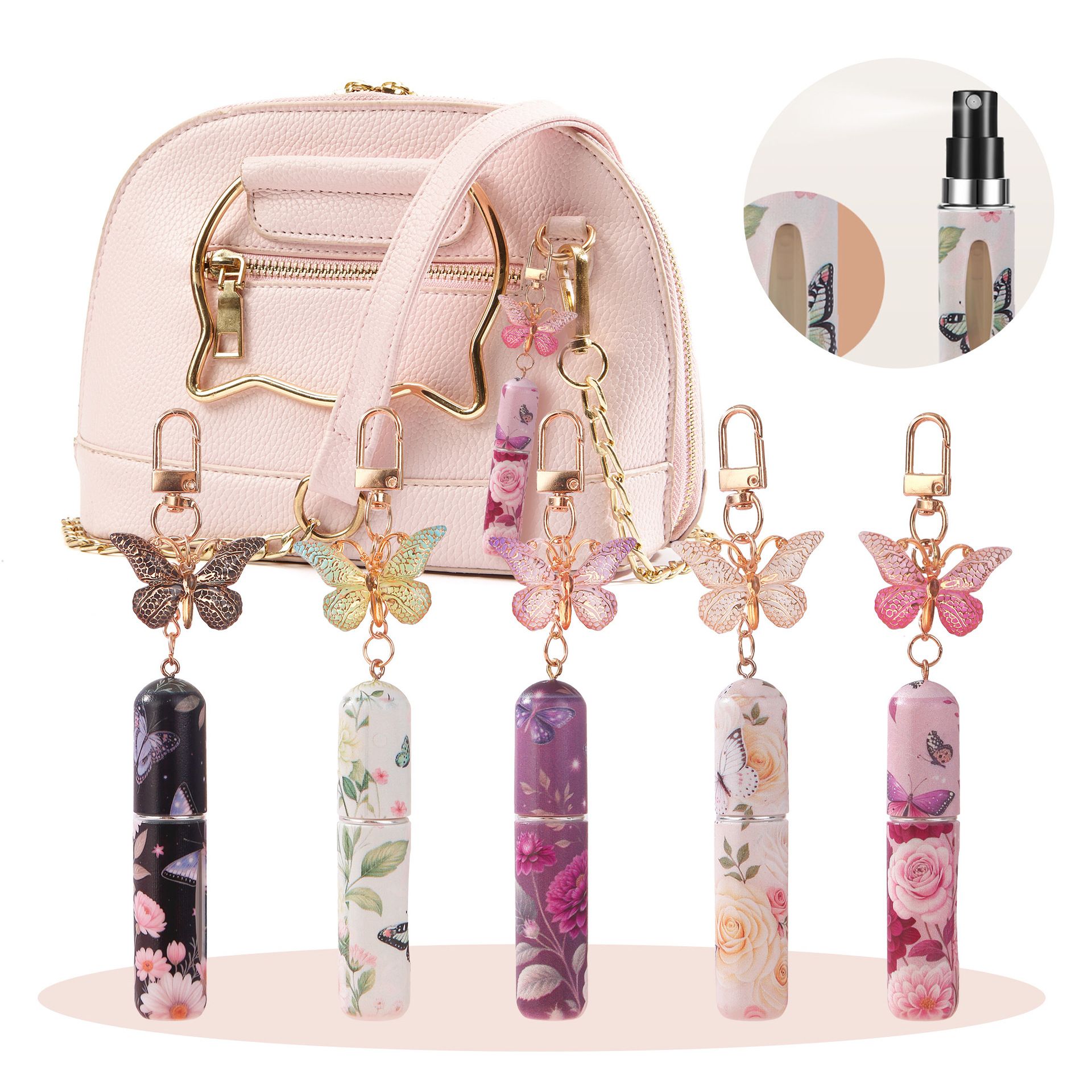 3 Pack Light Pink 5ml Portable Perfume Atomizer Keychain Butterfly Charm Floral Refillable Travel Spray Bottle Set - Same Design