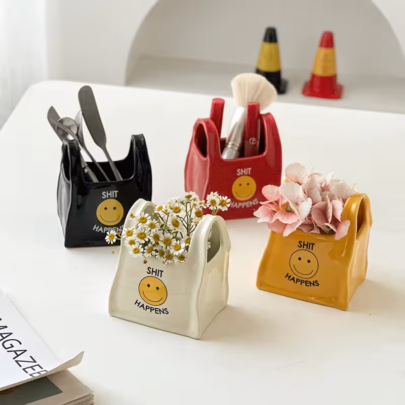 Black Ceramic Mini Tote Bag Pen Holder - Creative Desktop Storage Organizer for Makeup Brushes, Remote Controls and Stationery, Cute Smiley Decorative Container