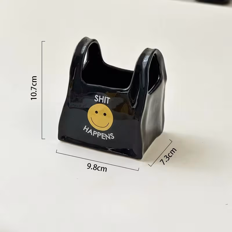 Black Ceramic Mini Tote Bag Pen Holder - Creative Desktop Storage Organizer for Makeup Brushes, Remote Controls and Stationery, Cute Smiley Decorative Container