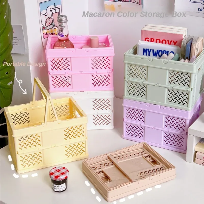 Brown Foldable Storage Basket with Handles - Portable Multi Purpose Desktop Organiser Crate for Snacks, Kitchen Storage, Books and Household Essentials