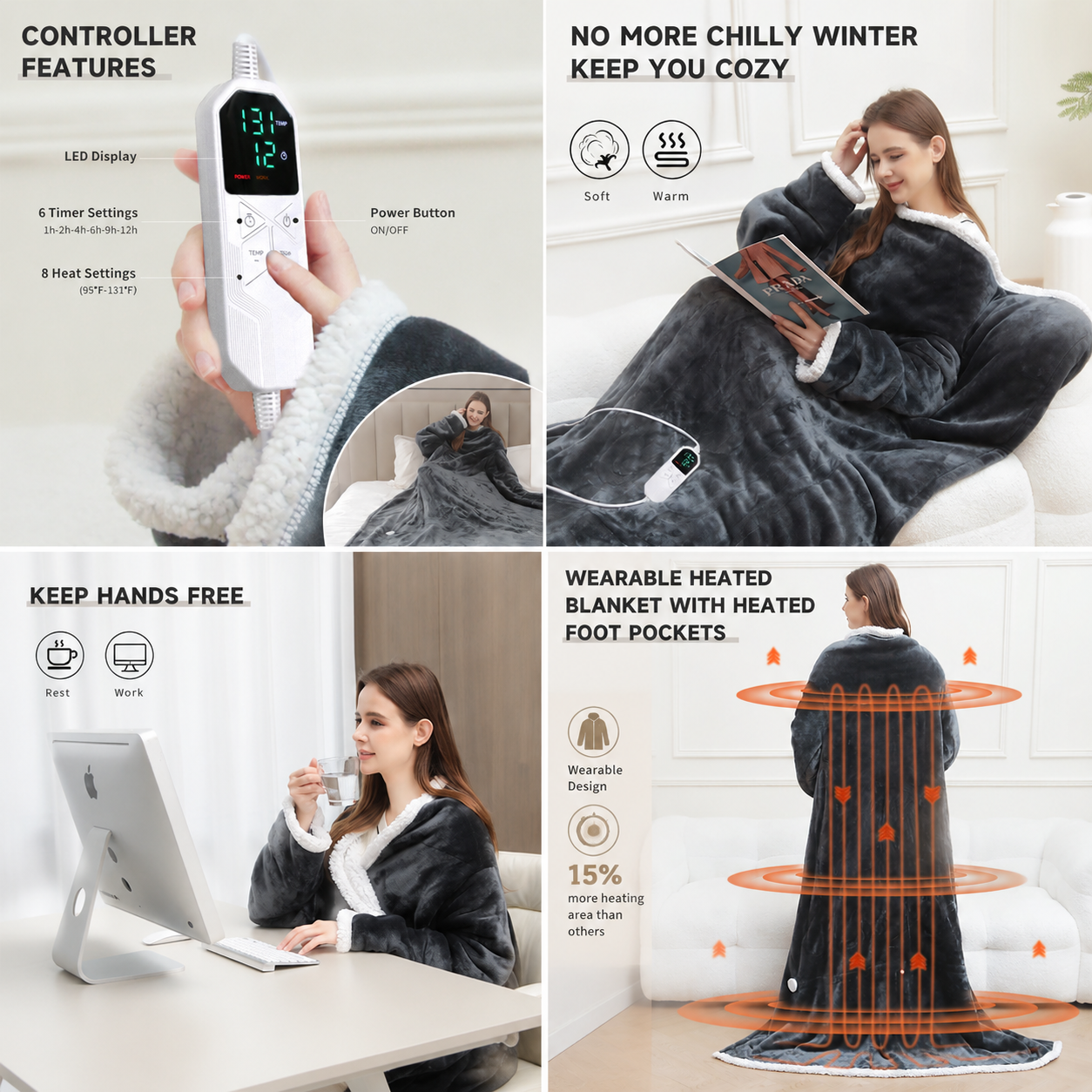 Wearable Electric Heated Blanket with Sleeves and Foot Pocket 127x177cm Smart Temperature Control Throw