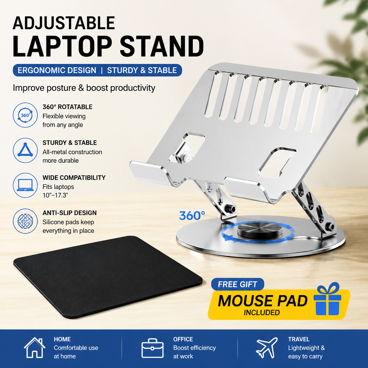 Adjustable aluminum alloy laptop stand (23.5*23.5CM), with mouse pad (21*25cm), adjustable height and angle, space-saving, heat dissipation support, suitable for office, home, study and work environments