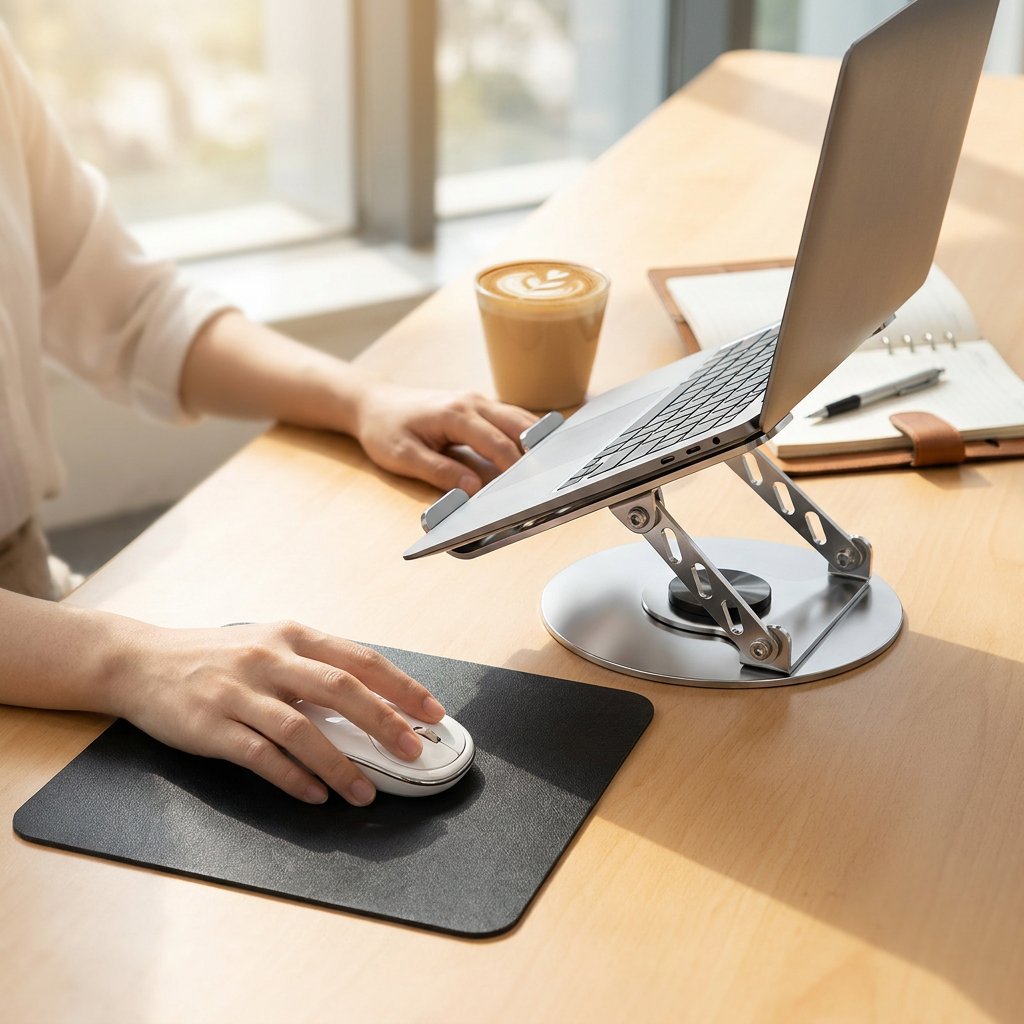 Adjustable aluminum alloy laptop stand (23.5*23.5CM), with mouse pad (21*25cm), adjustable height and angle, space-saving, heat dissipation support, suitable for office, home, study and work environments