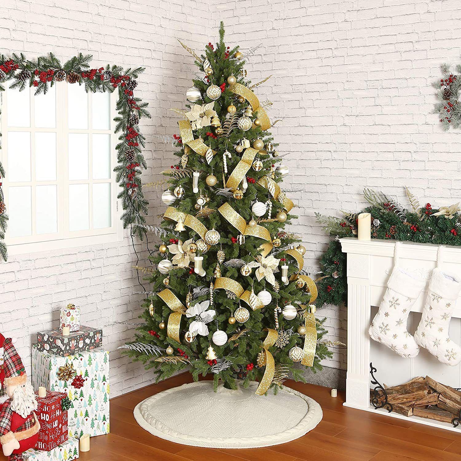 Knitted Christmas Tree Skirt 36 Inch White Round Tree Base Cover with Cable Knit Border Soft Holiday Tree Skirt Rustic Christmas Decor for Home Fireplace Party Festive Gift Display