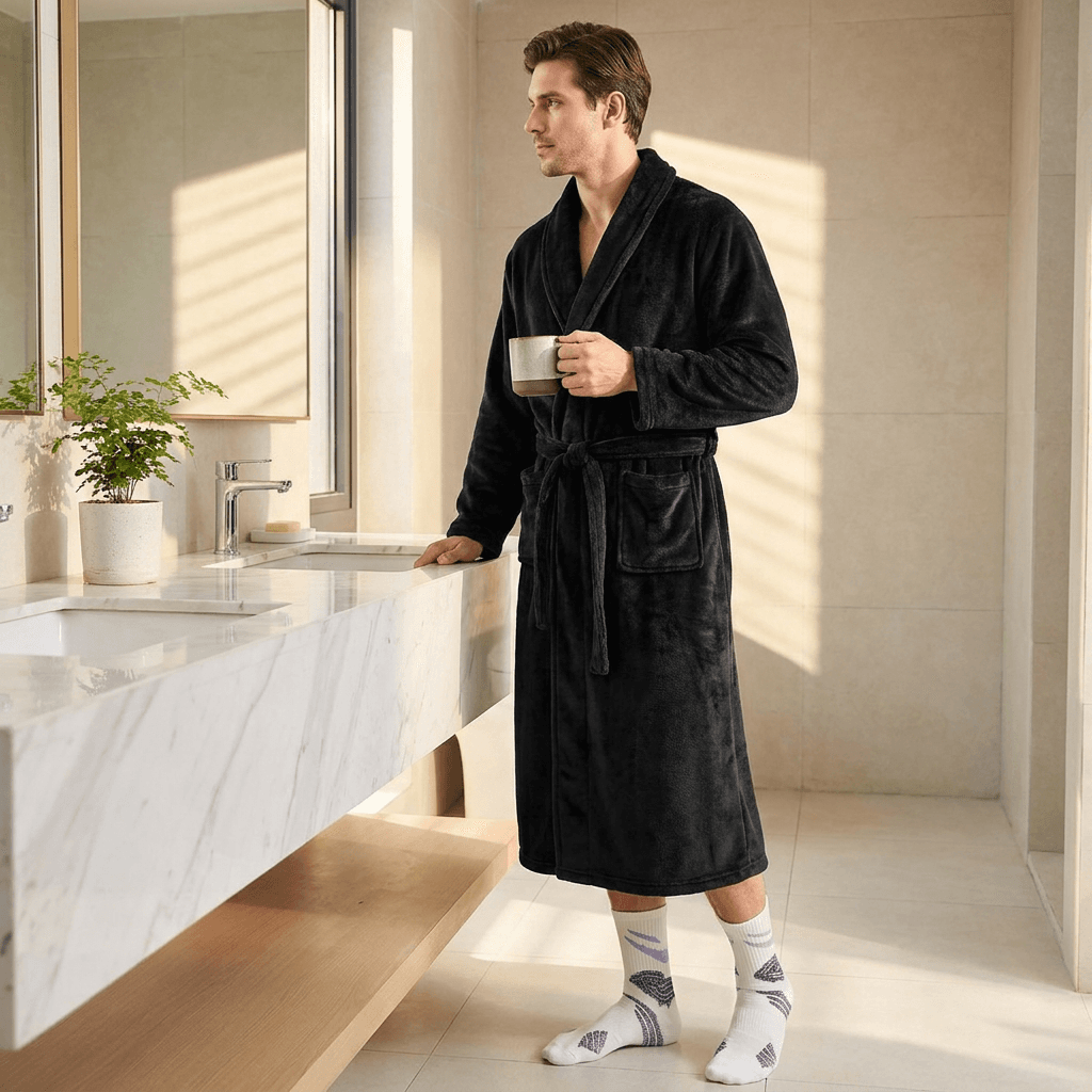 Blue Men's Winter Lounge Bundle Set - Flannel Shawl Collar Robe(XL Size) with 2x Thick Mid Calf Purple Demon Pattern Socks, Warm Plush Homewear Set, Soft Cozy Sleepwear and Indoor Loungewear Gift for Men
