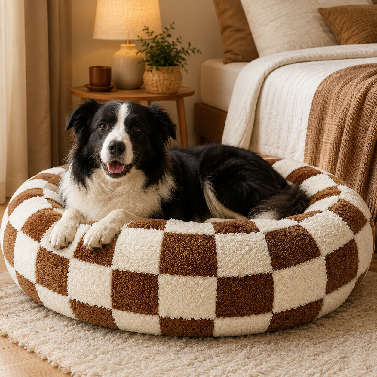 Medium Large Pet Donut Bed (Coffee plaid)-100cm outer diameter, Soft Plush Round Dog Bed and Cat Bed with Raised Rim, Cozy Calming Pet Sleeping Cushion, Checkered Washable Dog Bed for Medium Large Dogs and Cats