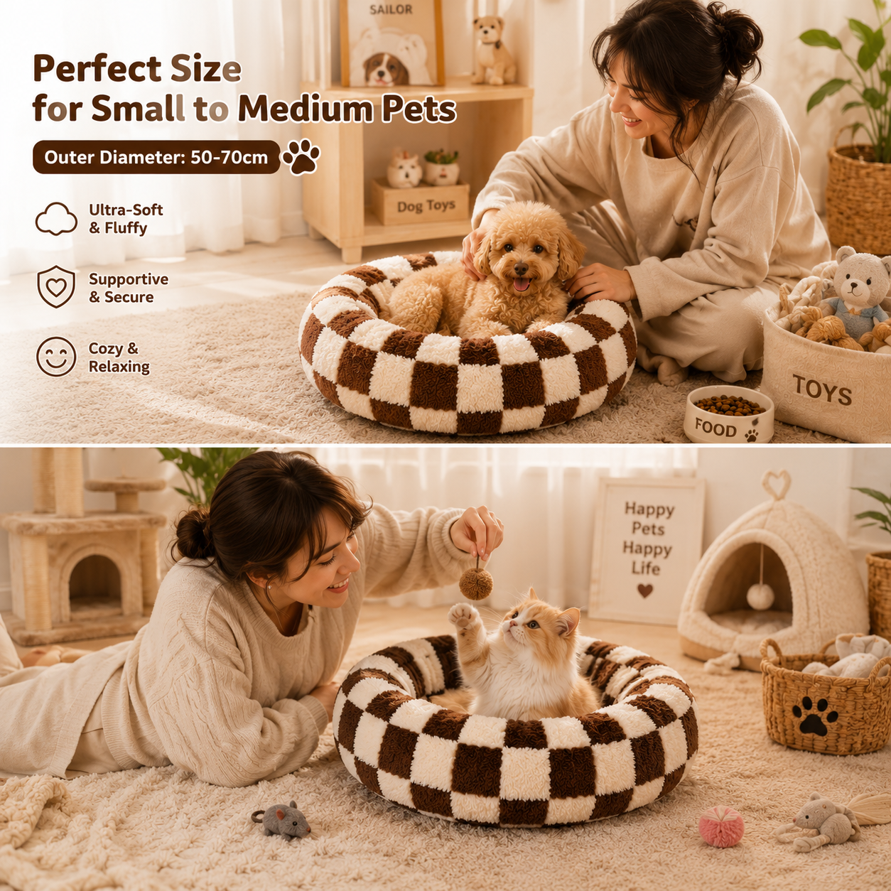 Medium Large Pet Donut Bed (Coffee plaid)-100cm outer diameter, Soft Plush Round Dog Bed and Cat Bed with Raised Rim, Cozy Calming Pet Sleeping Cushion, Checkered Washable Dog Bed for Medium Large Dogs and Cats