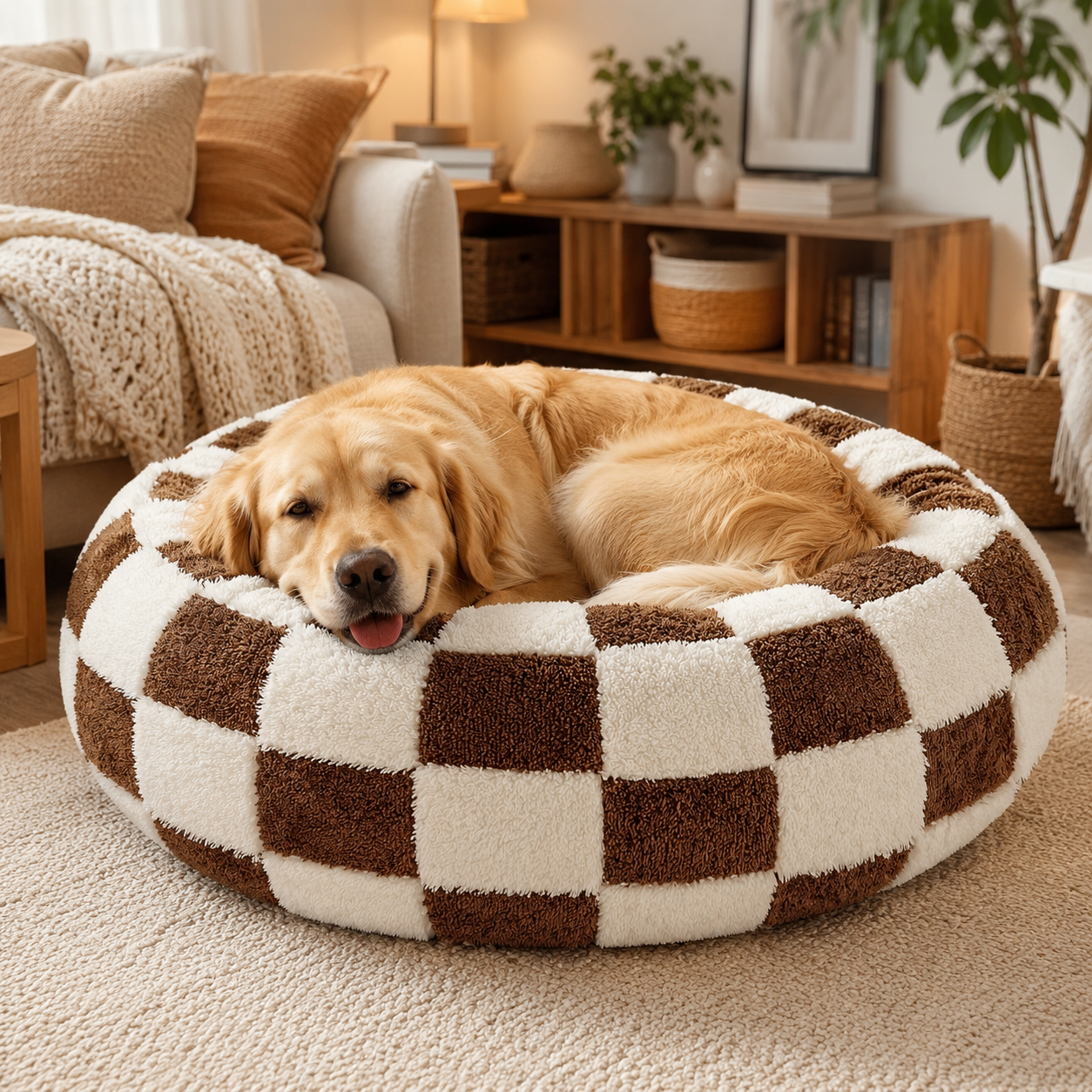 Medium Large Pet Donut Bed (Coffee plaid)-100cm outer diameter, Soft Plush Round Dog Bed and Cat Bed with Raised Rim, Cozy Calming Pet Sleeping Cushion, Checkered Washable Dog Bed for Medium Large Dogs and Cats