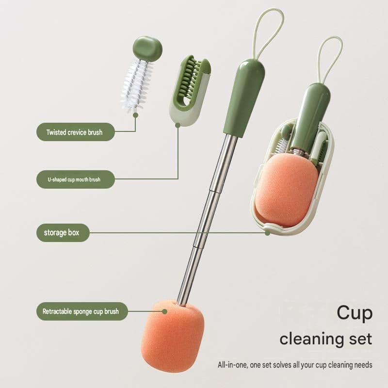 3-in-1 Portable Cup Cleaning Brush Set Retractable Long-Handled Sponge Brush Silicone Rim Brush Crevice Brush White