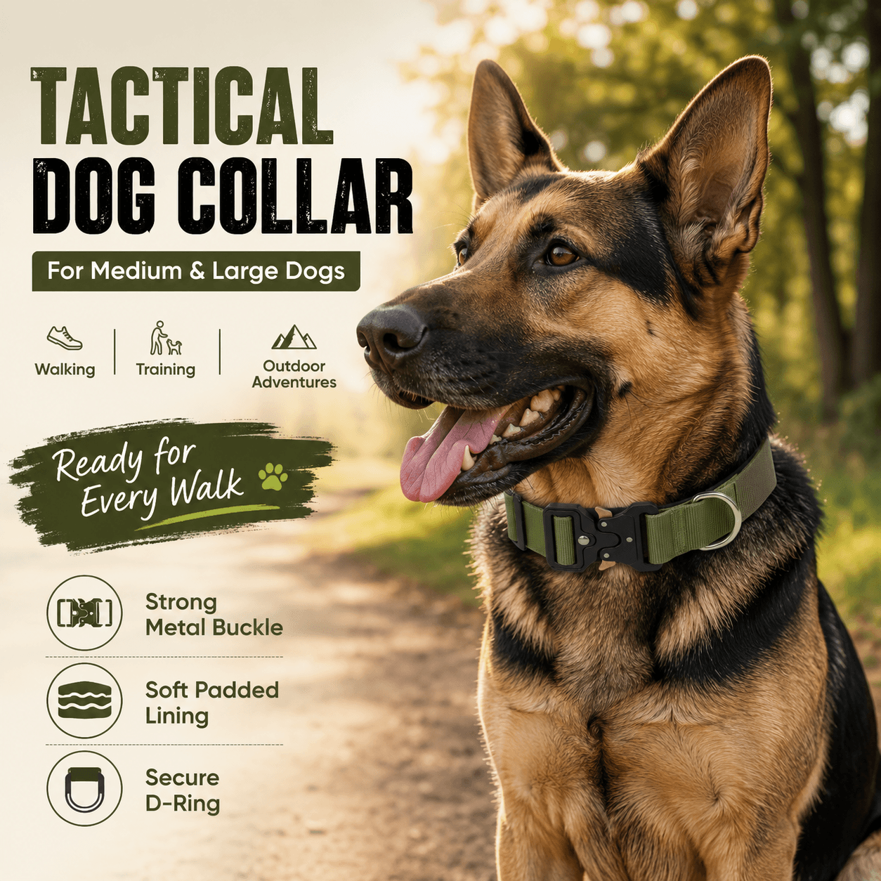 Green Tactical Dog Collar for Large Dogs (M size)- Wide Padded Nylon Collar with Quick Release Metal Buckle, Control Handle and D-Ring for Walking and Training