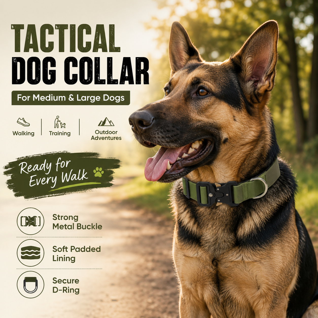 Green Tactical Dog Collar for Large Dogs (XL size)- Wide Padded Nylon Collar with Quick Release Metal Buckle, Control Handle and D-Ring for Walking and Training