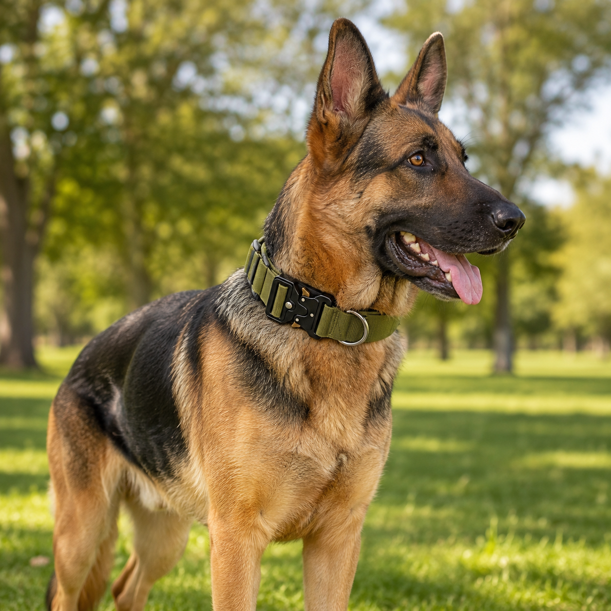 Green Tactical Dog Collar for Large Dogs (XL size)- Wide Padded Nylon Collar with Quick Release Metal Buckle, Control Handle and D-Ring for Walking and Training