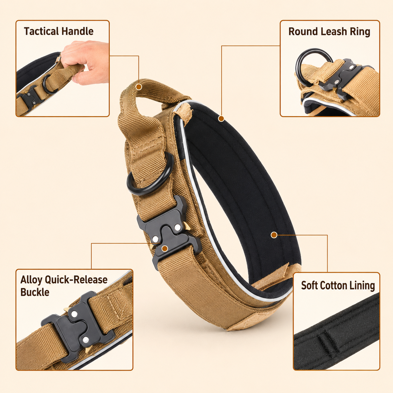 Green Tactical Dog Collar for Large Dogs (XL size)- Wide Padded Nylon Collar with Quick Release Metal Buckle, Control Handle and D-Ring for Walking and Training