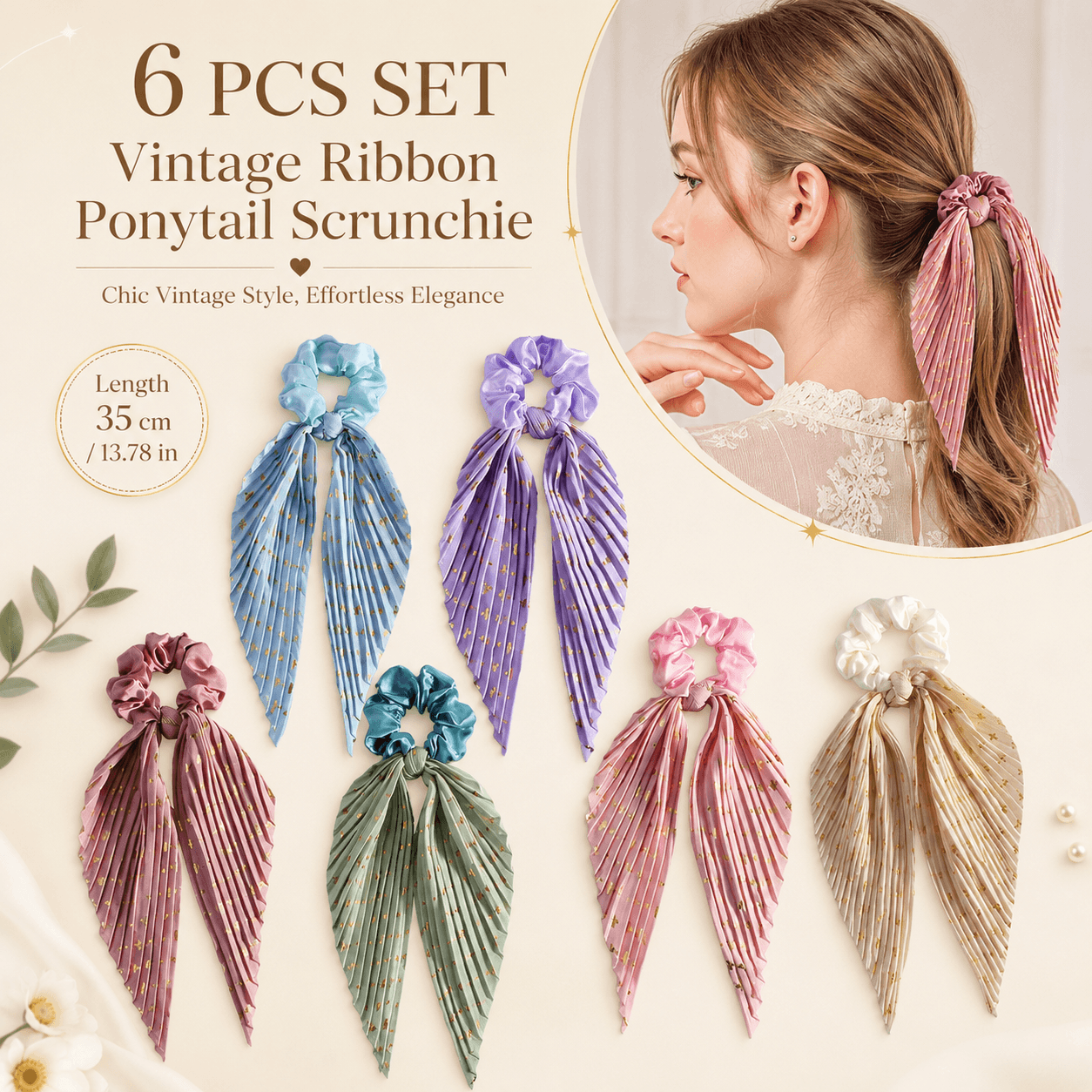 6 Pack Ribbon Ponytail Scrunchies Pleated Satin Hair Ties Long Ribbon Tails Elegant Retro Hair Accessories Set