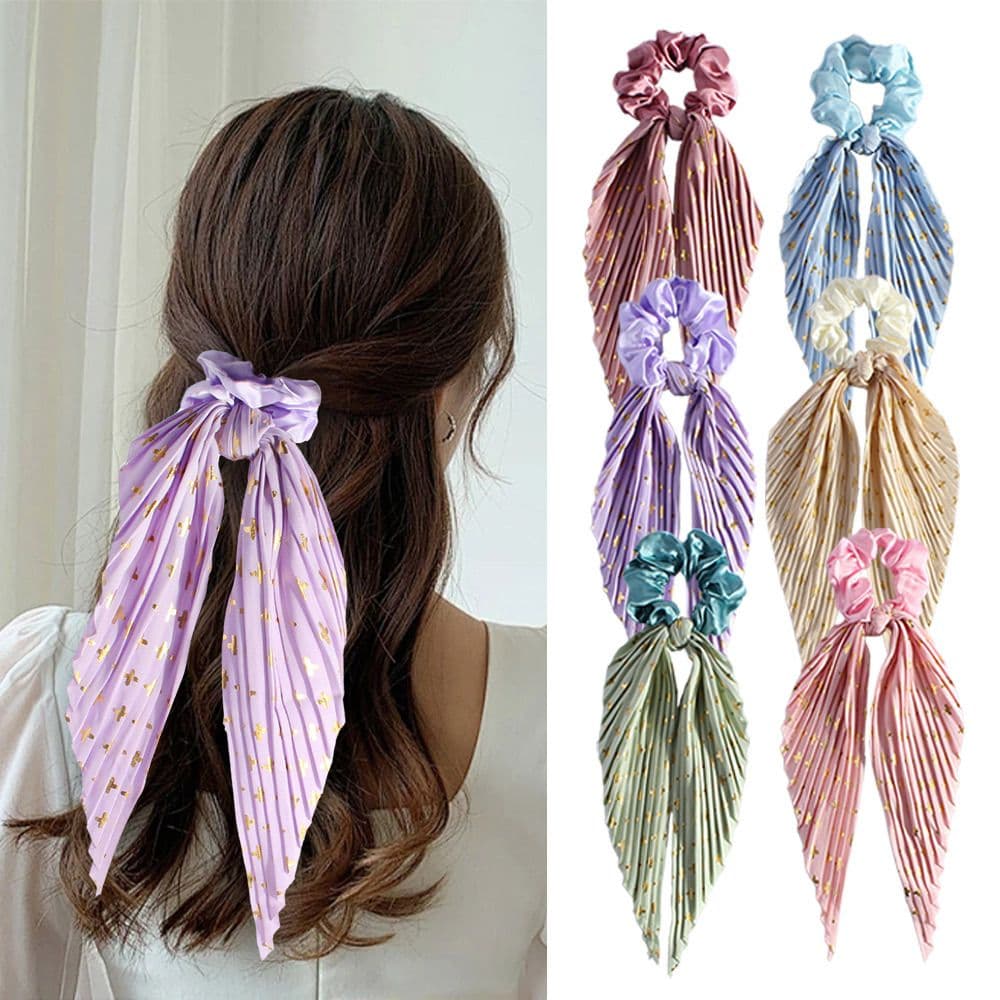 6 Pack Ribbon Ponytail Scrunchies Pleated Satin Hair Ties Long Ribbon Tails Elegant Retro Hair Accessories Set