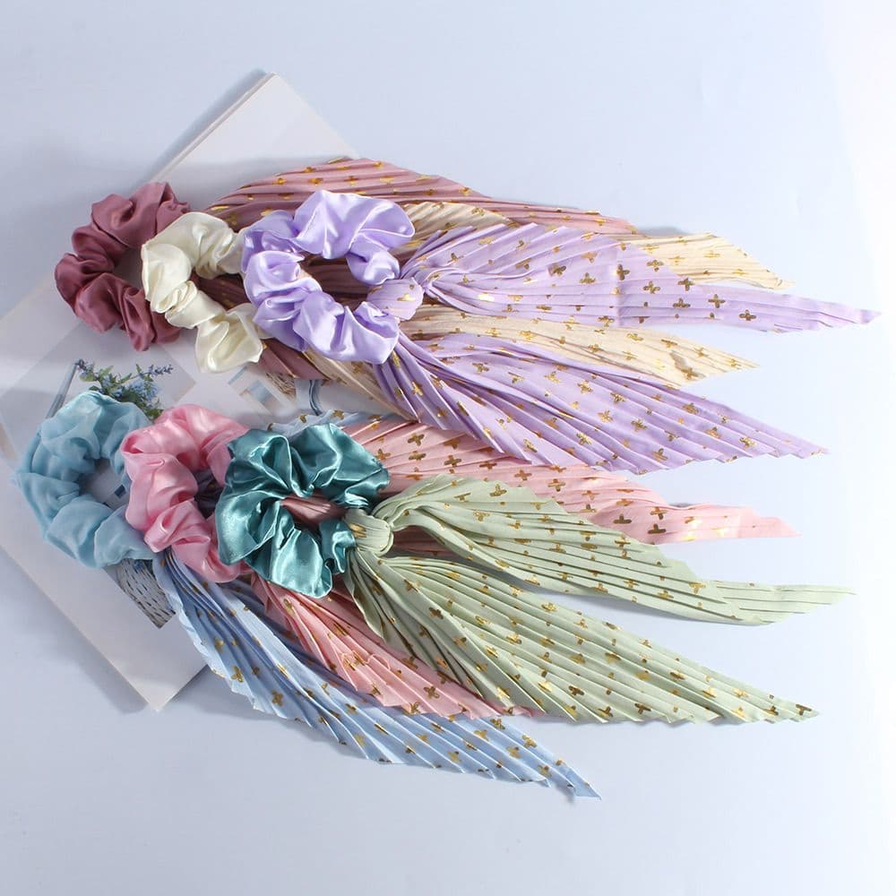 6 Pack Ribbon Ponytail Scrunchies Pleated Satin Hair Ties Long Ribbon Tails Elegant Retro Hair Accessories Set