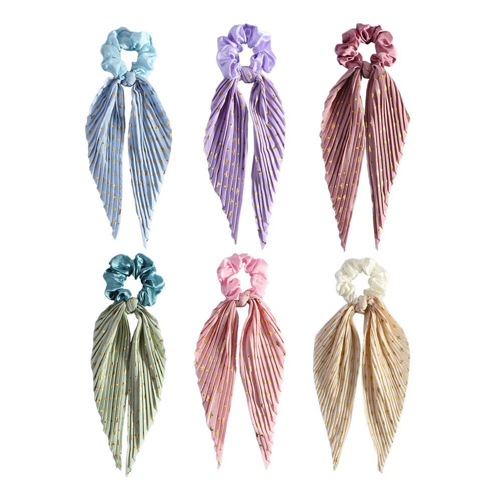6 Pack Ribbon Ponytail Scrunchies Pleated Satin Hair Ties Long Ribbon Tails Elegant Retro Hair Accessories Set