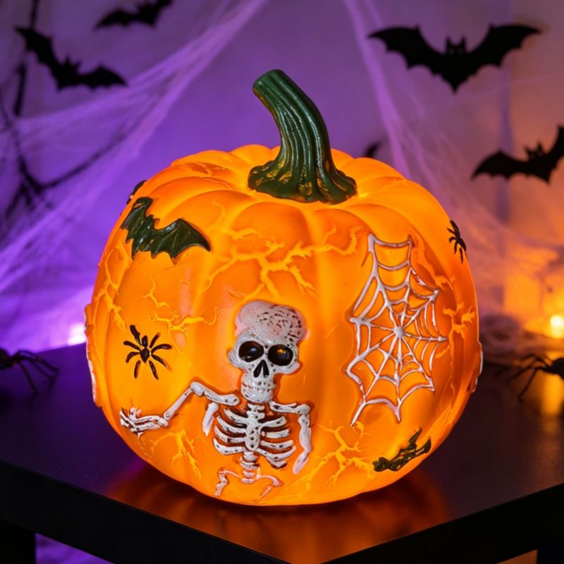 Halloween Pumpkin Light Decoration with Skull Design, Battery Powered Tabletop Ornament for Indoor Outdoor Party Decor