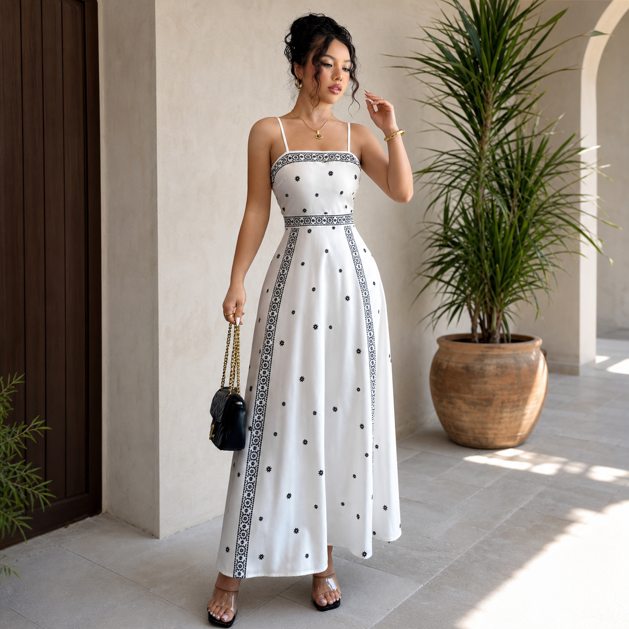 Women's White Boho Print Maxi Dress S Size - Stretch Polyester Fabric, Spaghetti Straps, Fitted Waist and A-Line Silhouette for Spring Summer Beach Vacations, Travel, Parties and Events