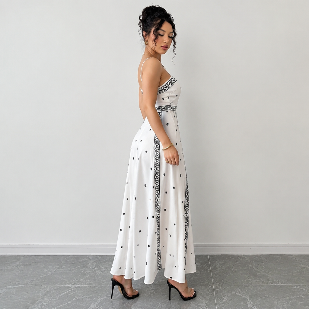 Women's White Boho Print Maxi Dress 2XL Size - Stretch Polyester Fabric, Spaghetti Straps, Fitted Waist and A-Line Silhouette for Spring Summer Beach Vacations, Travel, Parties and Events