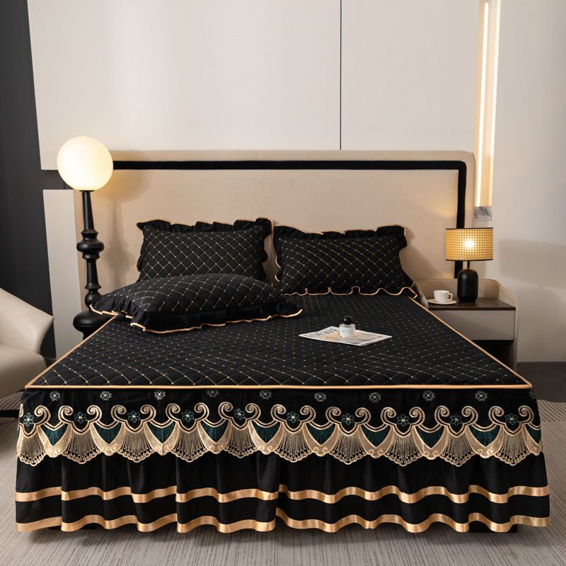 Grey and Gold European Soft Brushed Quilted Bed Skirt + 2 Pillowcases Set - Breathable Padded 150 x 200CM Mattress Cover with Lace Trim and 45CM Elevated Valance, All Season Dust Protection