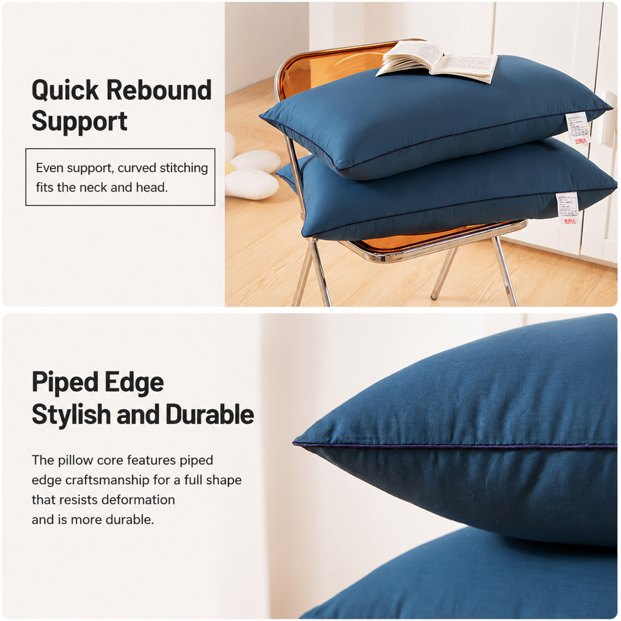 2 Pack Navy Blue High Bed Pillows with Washable Zip Cover Set (48 x 74 cm) - Soft Brushed Fabric, Plush Fibre Fill, Fast Rebound Support & Structured Piped Edges for Home Hotels Apartments