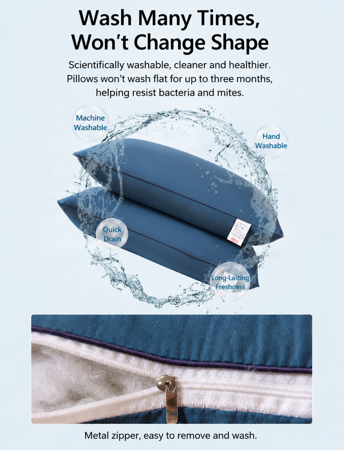 2 Pack Navy Blue High Bed Pillows with Washable Zip Cover Set (48 x 74 cm) - Soft Brushed Fabric, Plush Fibre Fill, Fast Rebound Support & Structured Piped Edges for Home Hotels Apartments