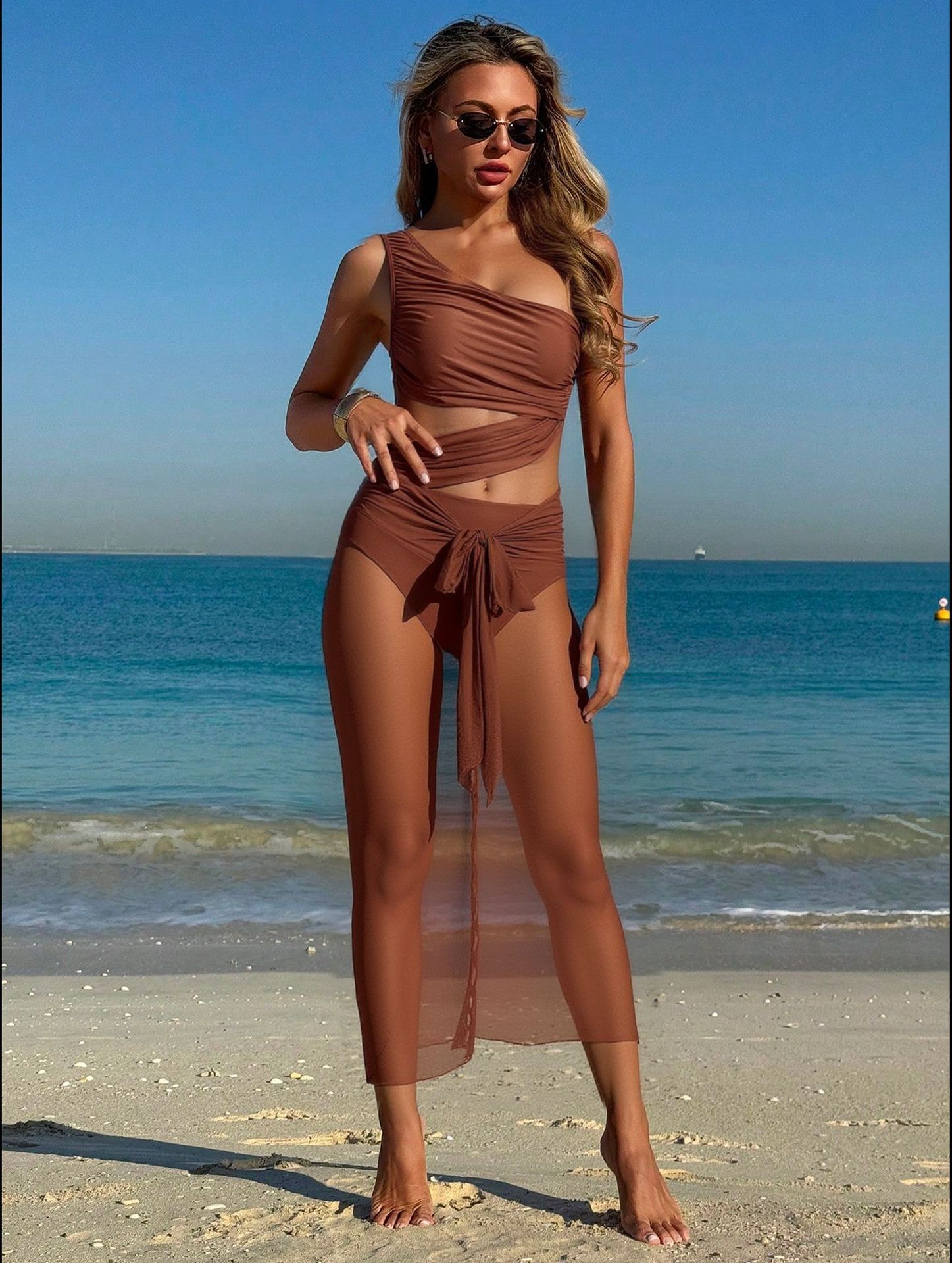Black Stylish One-Shoulder One-Piece Swimsuit + Sheer Mesh Sarong Wrap Skirt Set (S Size) - Women's Elegant Ruched Crossover Tummy Control Beachwear with Wireless Chest Padding for Beach Holiday Party
