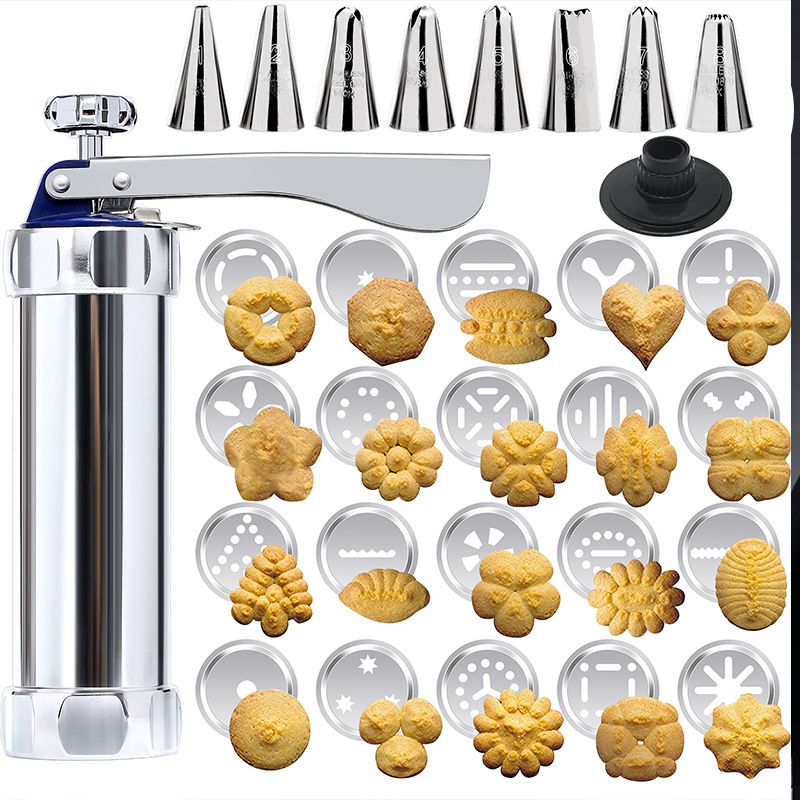 30PCS Mutifunctional Aluminum Alloy Cookie Press Set - Adjustable Thickness Biscuit DIY Maker & Cake Icing Gun with 20 Pattern Discs and 8 Stainless Steel Icing Nozzles