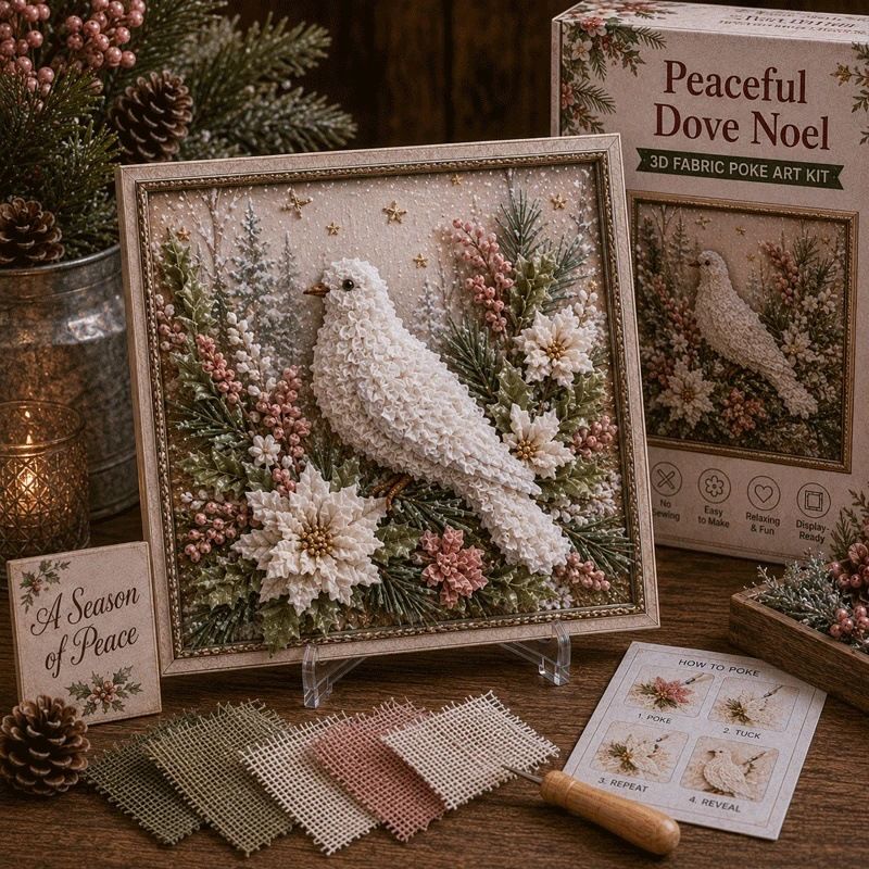 Peaceful Dove 3D Fabric Poke Art Kit - 20 x 20cm No Sew DIY Craft Set with Pre Cut Fabric and Poking Tool, Christmas Handmade Decor and Gift Activity