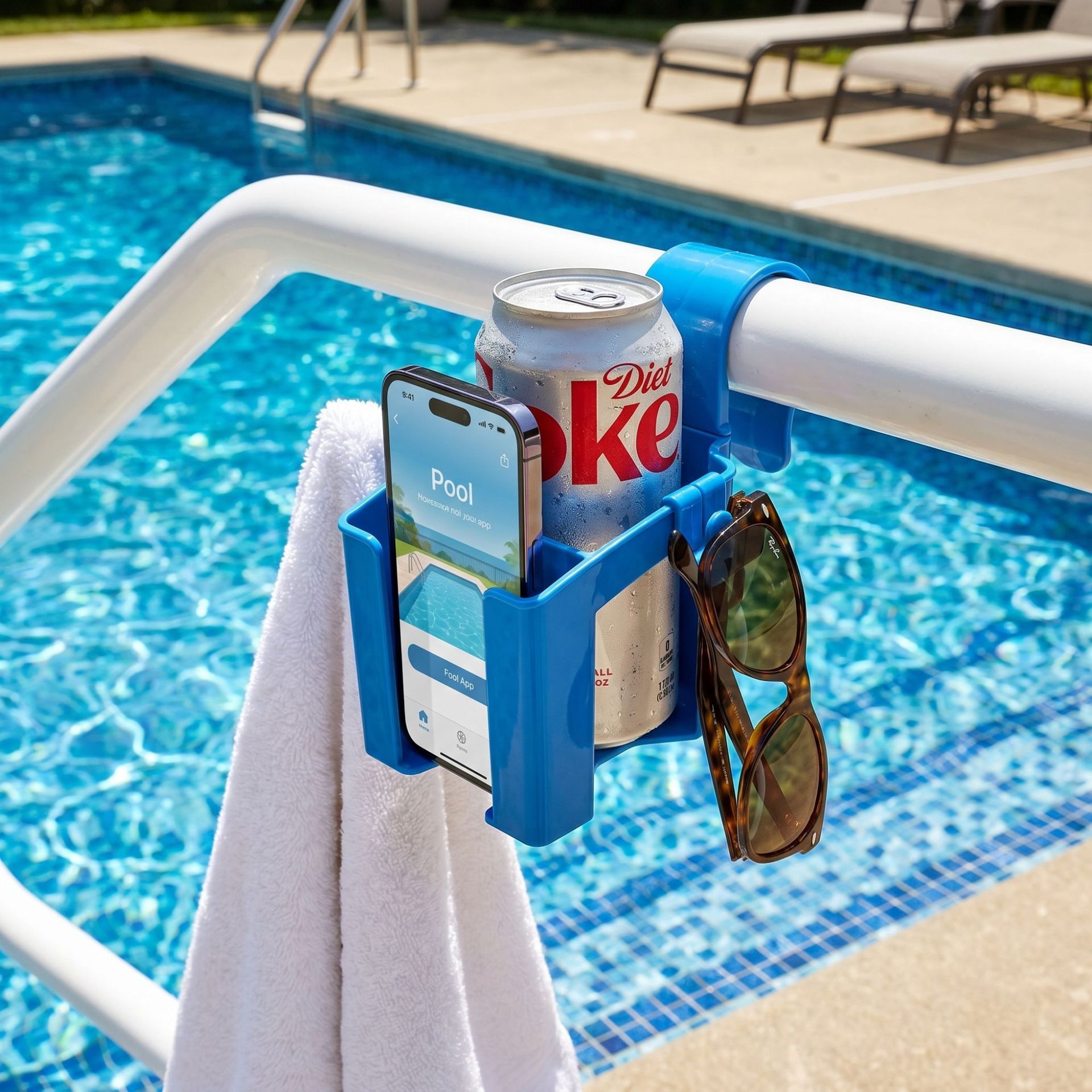 Blue Poolside Cup Holder with Drink & Phone Zone and Hooks - Detachable Pool Rail Organiser, Compact Poolside Storage Accessory
