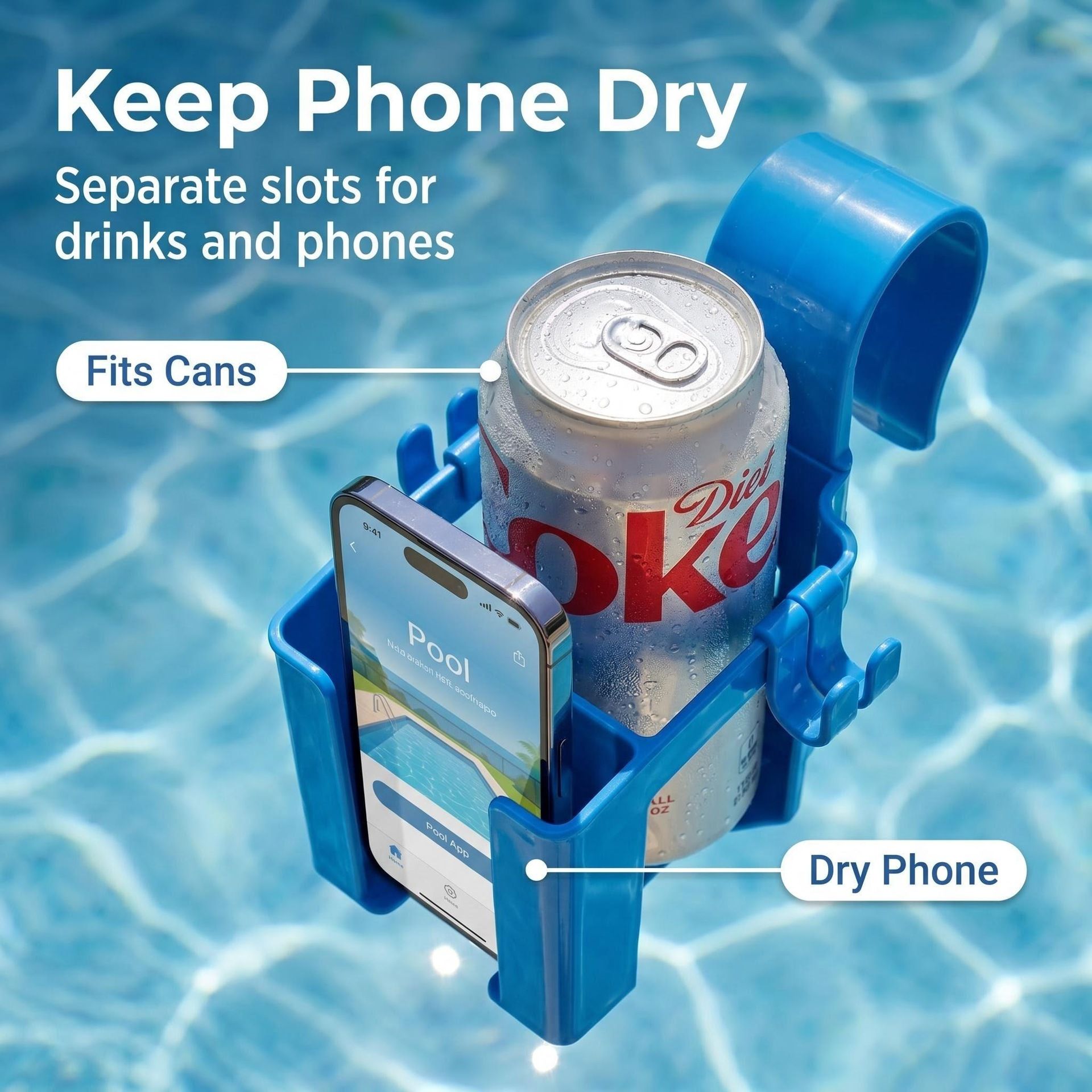 Blue Poolside Cup Holder with Drink & Phone Zone and Hooks - Detachable Pool Rail Organiser, Compact Poolside Storage Accessory